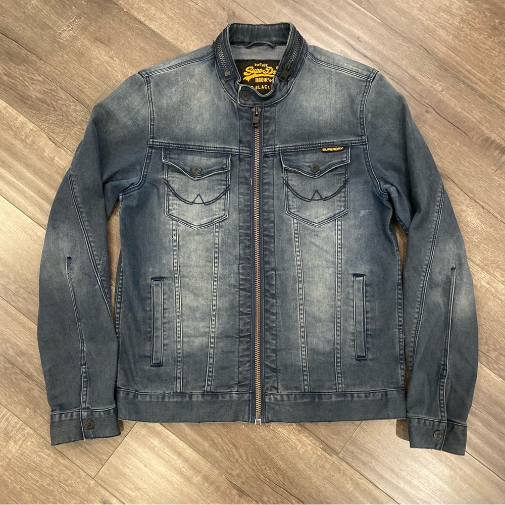 🔥 Superdry Blue Denim Biker Jacket - Large (Slim Fit)